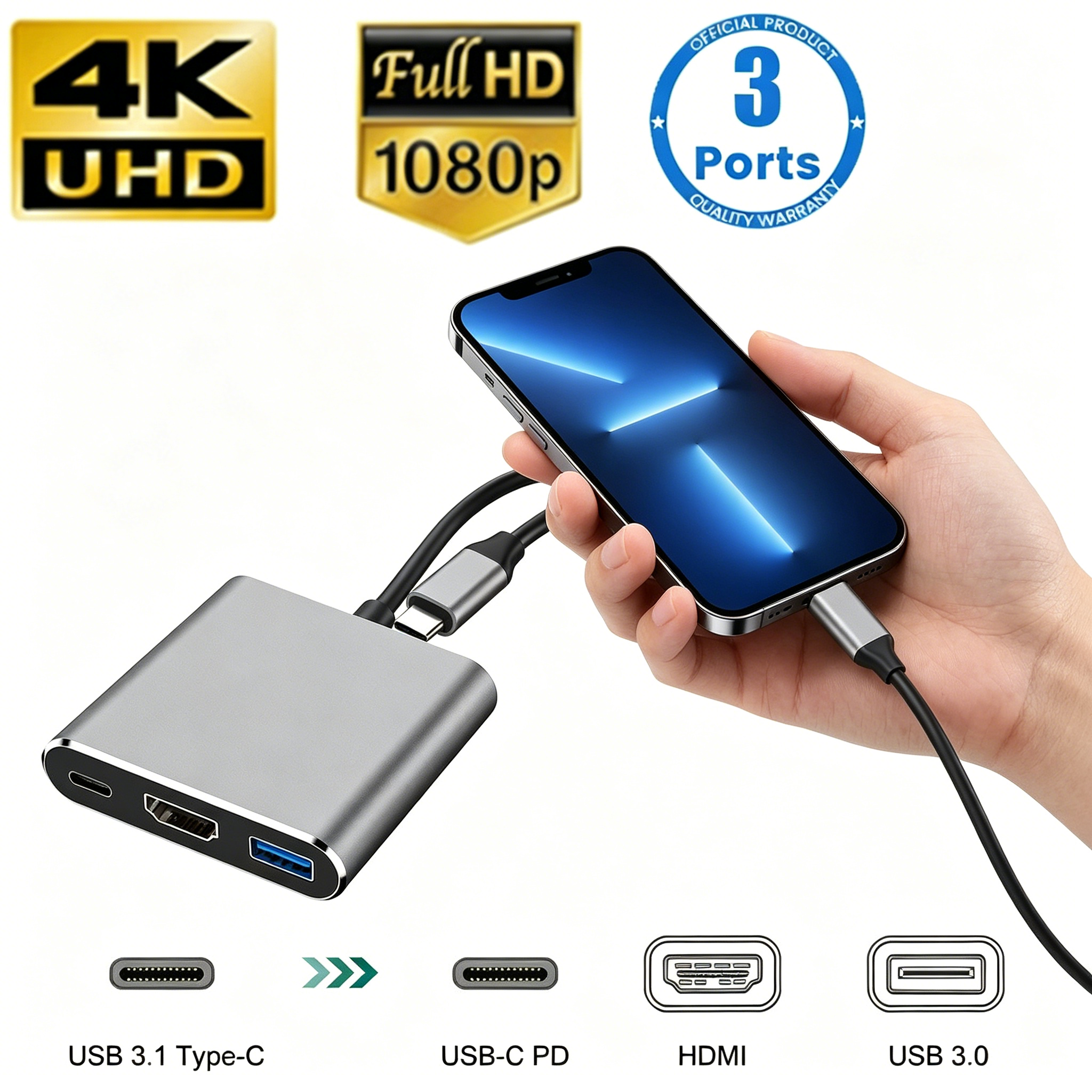 USB C HUB 3-in-1 Multiports Ad - Hdmi Adapter Tablet บทวิจารณ์และราคา